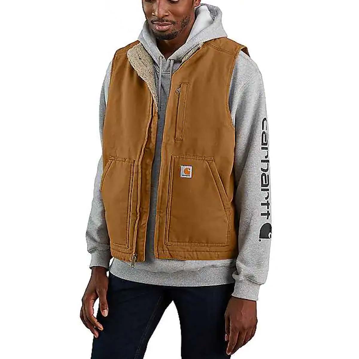 CARHARTT Carhartt Washed Duck Sherpa-Lined Mock Neck Vest Brown gilet in duck lavato 29CA-104277 BROWN 