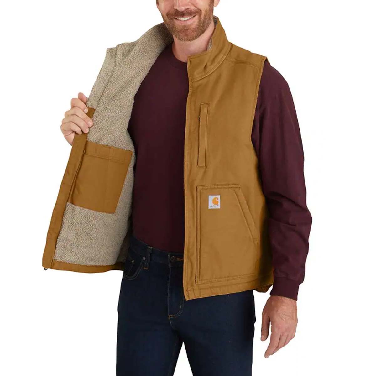 CARHARTT Carhartt Washed Duck Sherpa-Lined Mock Neck Vest Brown gilet in duck lavato 29CA-104277 BROWN 